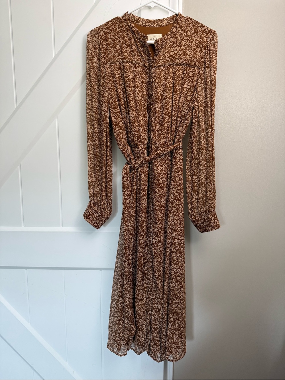 Sezane Brown Floral Long Sleeve Midi Dress